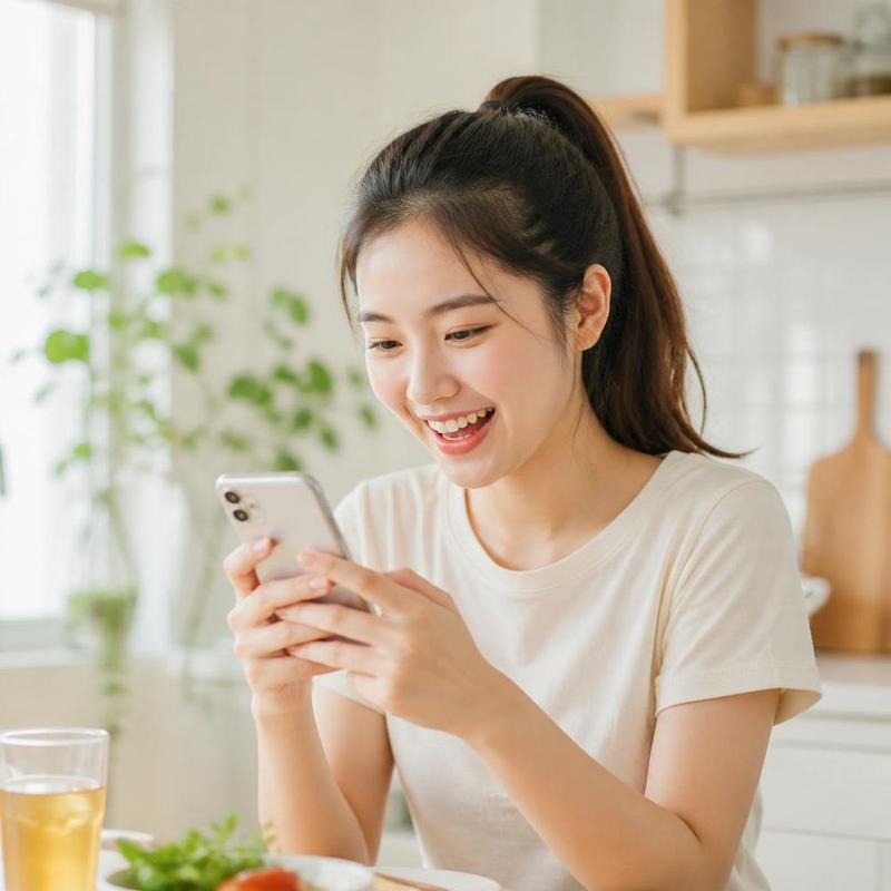 Cô gái vui vẻ cầm điện thoại chia sẻ Bếp Lành với nhóm bạn